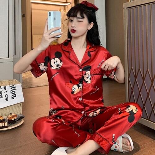 Disney Mickey Pajamas Set Silky Women 2 Piece Sleepwear Satin Cute Kawaii Pyjama Homewear Soft Causal Nightwear Autumn Winter