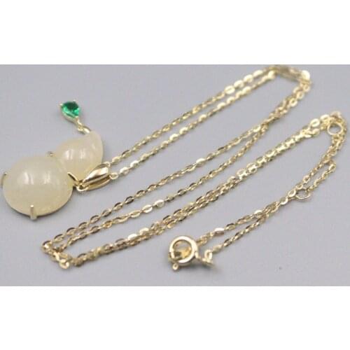 Real 925 Silver Pendant For Women Female Natural Hetian Jade Zircon Gourd Yellow Silver Necklace 40-45cmL