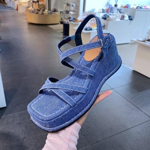 Womens Lolita Open Toe Denim Jeans Gothic Punk Sandals Shoes Wedge Heel Creepers Japanese Harajuku Platform Real Leather New