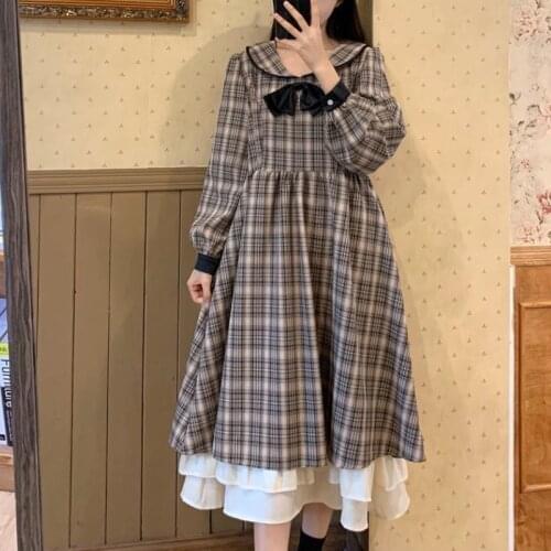 HOUZHOU Kawaii Plaid Dress Women Elegant Vintage Lolita Long Sleeve Dress Bow Mori Girl Ruffle Preppy Style Outfit Spring Autumn