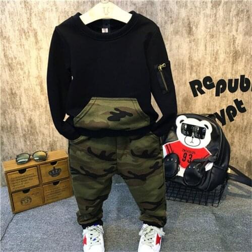 2019 Toddler boy clothes / Cool boy outfits / Black t-shirt + Camo print leggings
