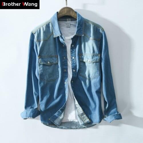 2020 Autumn New Mens Long-sleeved Denim Shirt Fashion Casual Blue Slim Fit Cotton Jeans Shirt Male Brand Clothes