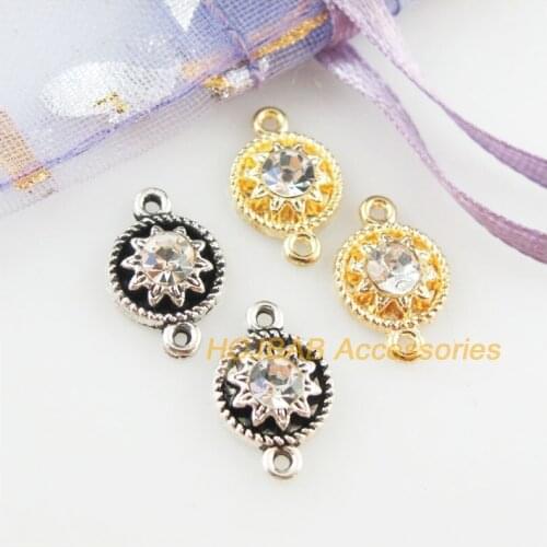 30Pcs Retro Gold Tibetan Silver Tone Flower Clear Crystal Charms Connectors 9x14mm