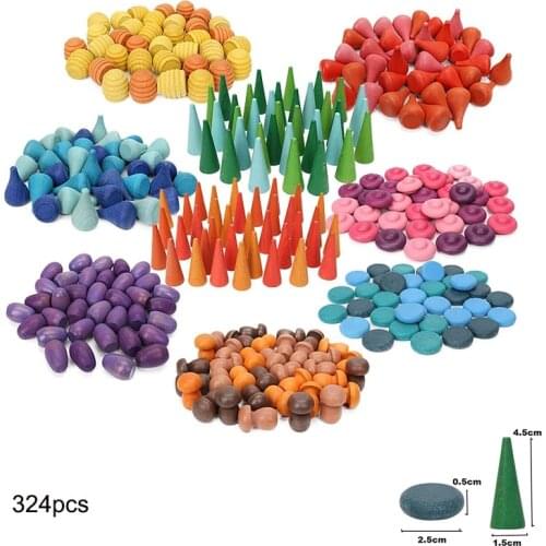 324pcs Wooden Rainbow Stacker Rainbow Blocks Loose Parts Mushrooms Tree cones Wooden Puzzle Blocks Montessori Educational Toys