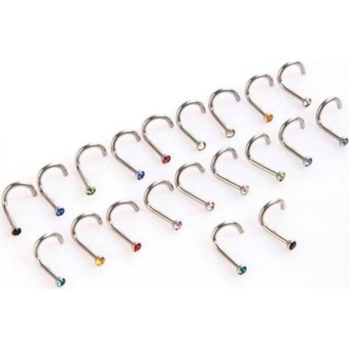 60pcs/lot Stainless Steel Crystal Stone Nose Studs Trendy Hook Bar Pin Rhinestone Nose Rings Body Piercing Jewelry for Women