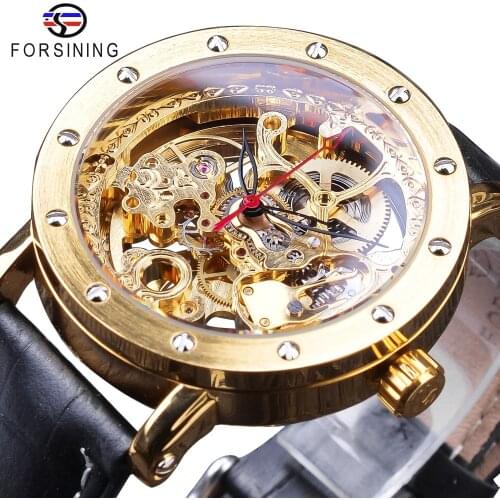 Forsining 2018 Fashion Luxury Golden Watches Black Genuine Leather Band Openwork Clock Mens Automatic Watches Top Brand Luxury