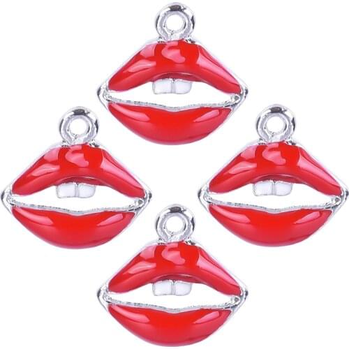 20Pcs/Lot Golden Tone Enamel Red Lip Charms Sex Mouth Pendant Necklaces For Women Men Best Gift Jewelry Making Handcraft