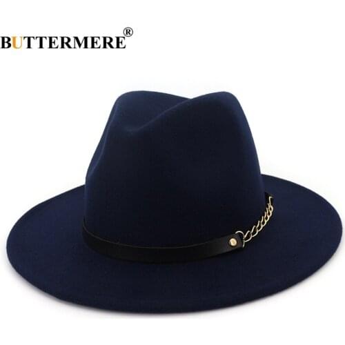 BUTTERMERE Fedora Wide Brim Felt Hat Women Navy Blue Casual Jazz Hats Men With Chain Solid Classic Autumn Winter Jazz Caps Red