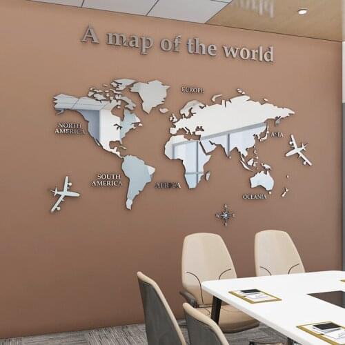 Creative wall decoration 3d acrylic wall sticker Office corporate culture wall deco World map mirror acrylic wall sticker