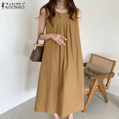 ZANZEA Summer Sundress Women Casual Sleeveless Solid Dress Loose Long Shirt Dresses Vintage Fashion Femme Robe Party Dress