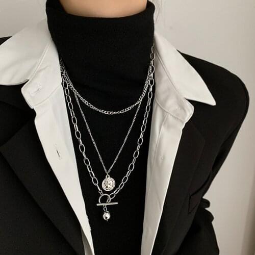 FFLACELL 2021 New Trendy Metal Ball Coin Cross Pendant Multi-layer Punk Design Long Chain Necklace For Women Men Jewelry Gifts
