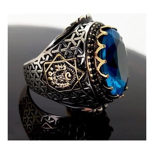 Real Silver 925 Ottoman Pattern with Nature Aqua Marine Stone Ring For Men