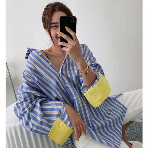 ZCSMLL Spring autumn new color contrast striped shirt female Korean loose mid-length bottoming shirt fashion casual top