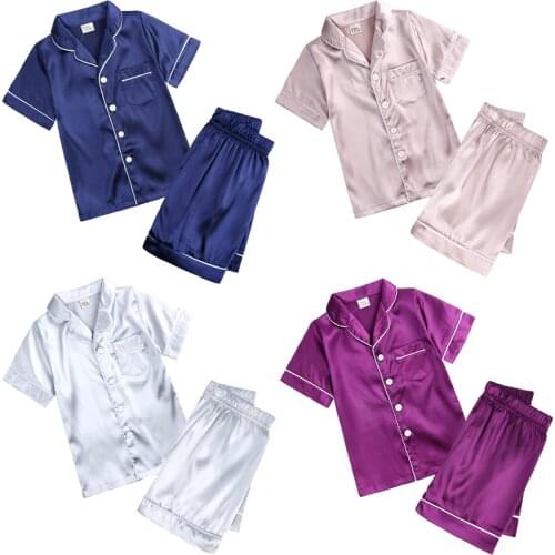 2021 New Summer Children Silk Pajama Set Stain Soft Comfortable Kids Pajamas Girls Boys Sleepwear Suit Solid Color