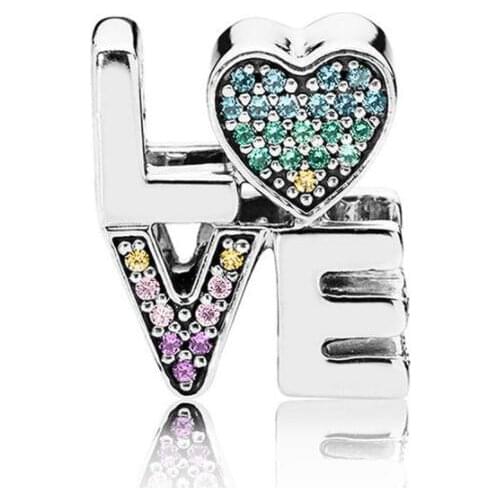 Genuine 925 Sterling Silver Charm Rainbow Word Love With Multi-colored Cryatal Beads Fit Pan Bracelet & Necklace Jewelry