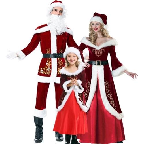 Couples Parent-Child Carnival Santa Claus Red Suit Costume Deluxe Velvet Xmas Christmas Fancy Party Dress Cosplay Halloween