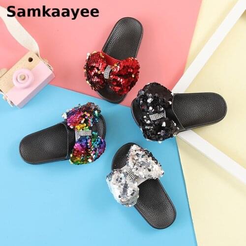 2-12y Kids Slippers Summer Children Sandals Girls Bowknot Shoes Flat Glitter Soft Bottom Non-slip Outdoor Beach Flip Flops S24