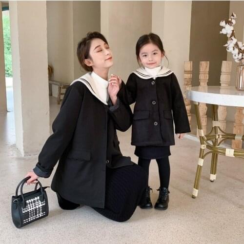 Mommy And Me Matching Clothes Winter Korean Fashion Navy Collar Woolen Jackets For Mother And Daughter Family Look Mom Kids Coat