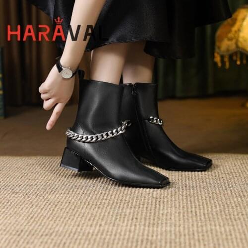 HARAVAL Women Ankle Chelsea Boots Shoes High Heels Elegant Fashion Genuine Leather Women Footwear Shoes Female Boot ZipperE490L