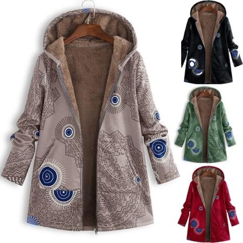 New Winter Women Casual Floral Print Hooded Cotton Coat Female Vintage Pocket Zipper Loose Outwear Plus Size