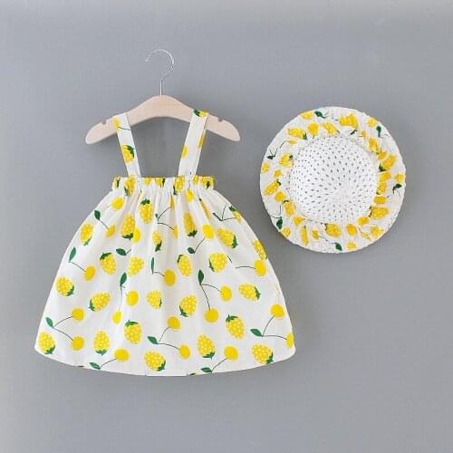 Newborn Baby Summer Dresses Casual Infant Kids Baby Girls Strawberry Printed Sleeveless Clothes Princess Strap Dress + Sun Hat