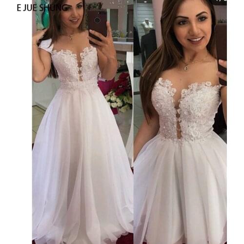 E JUE SHUNG White Organza Detachable Train 2 in 1 Wedding Dresses Pearls Lace Cap Sleeves Removable Skirt Wedding Gowns
