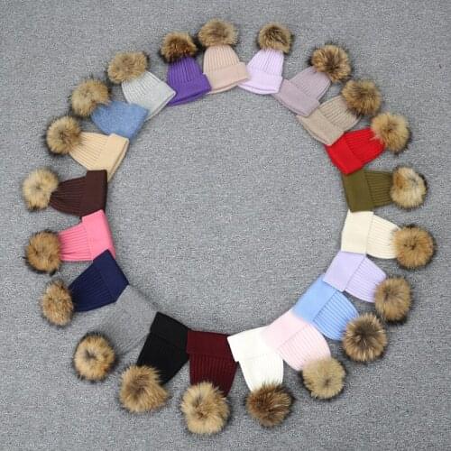 Winter Beanie Hat Matching knitted Fur Pompom Hat Russian Style gorro inverno Custom Wholesale rabbit Fur Pom Cap
