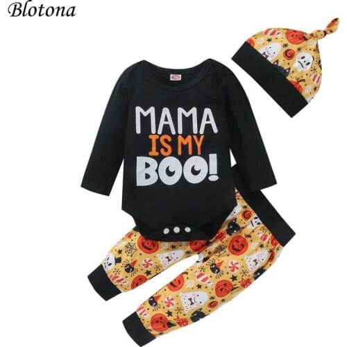 Blotona Baby 3Pcs Halloween Outfits, Long Sleeve Letter Print Romper + Pumpkin Pants + Top Knot Hat Set