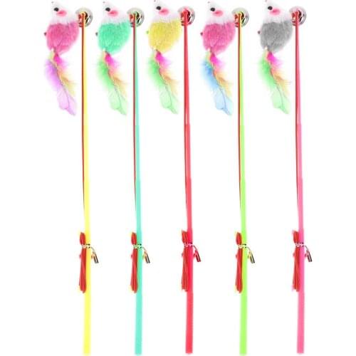 5pcs Pet Cat Toys Interactive Dangle Faux Mouse Rod Bell Toy Colorful Feather Wand Teaser Rod for Cats Supplies