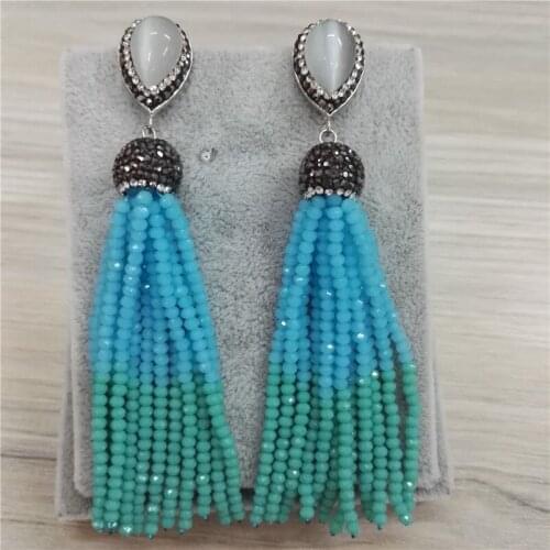 Bohemia Jewelry Connector Charm 2mm Blue Tender Green Beads 12 Rows Joint Beaded Tassels Dangle Earring For Women