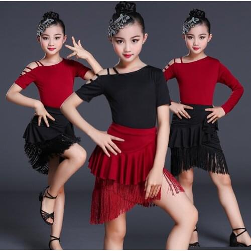 Childrens Latin Dance Skirt Latin Dance Practice Clothes Childrens Latin Dance Competition Performance Clothing Black Red