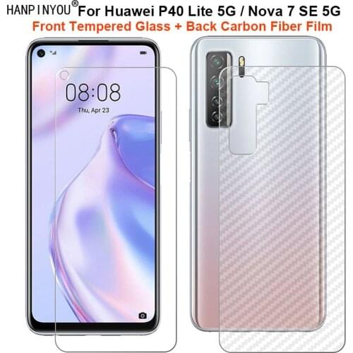 For Huawei P40 Lite 5G / Nova 7 Nova7 SE 1 Set = Soft Back Carbon Fiber Film + Ultra Thin Tempered Glass Front Screen Protector
