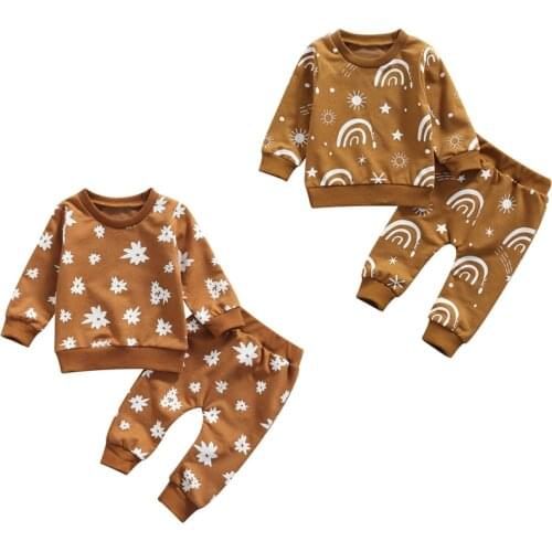 FOCUSNORM Autumn 0-3Y Baby Boys Girls Clothes Sets Rainbow/Flowers Printing Long Sleeve Sweatshirt Tops Pants