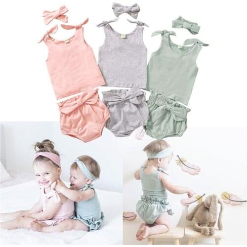 FOCUSNORM 0-3Y Cute Newborn Baby Girl Clothes Sets Solid Color Sleeveless T-shirt Tops Bowknot Shorts Bloomers Headband