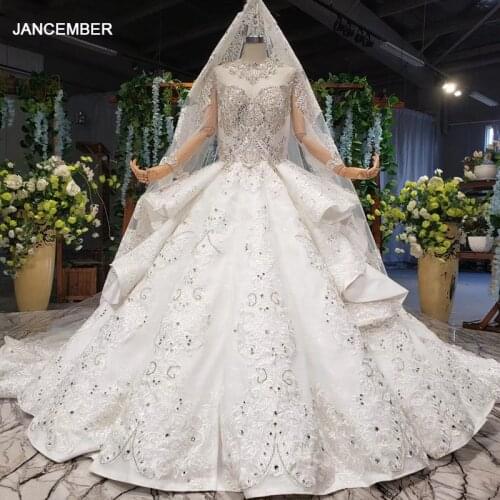 HTL967 New Train Wedding Dress Long Sleeves Satin Beads Crystal O-neck Ball Gown Princess Bridal Gown With Veil Vestido-de-noiva