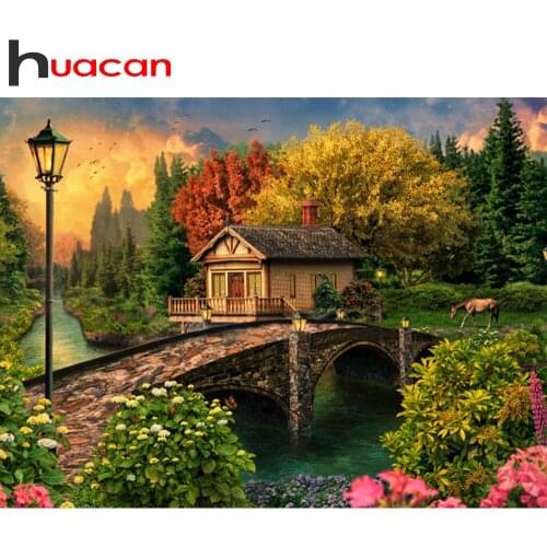 Huacan 5d Diamond Embroidery Complete Kit Country House Tree Diamond Painting Full Square Mosaic Bridge Sunset Landscape New