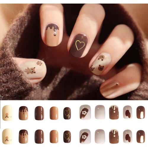 24Pcs Short Round Head Fake Press On Nail Cute MilkTea Color Shiny Gold Foil Blooming Gradient Artificial Nail With Jelly Glue