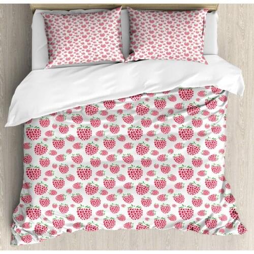 Fruit Duvet Cover Set Summer Design Pattern with Raspberries 3 Piece Bedding Set Dark Coral Fern Green