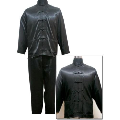 Black Chinese Style Mens Satin Pajamas Set Novelty Button Pyjamas Suit Casual Sleepwear Long Sleeve Shirt&Pant S M L XL XXL