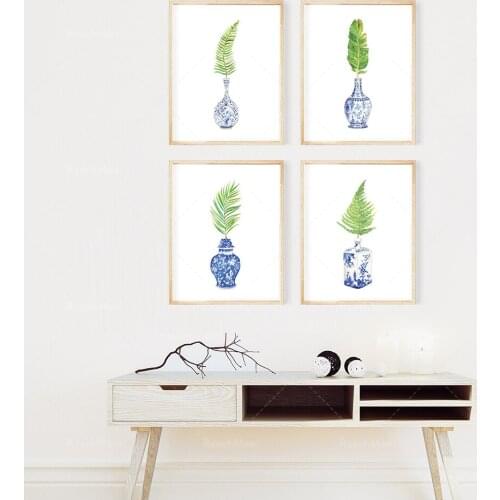 Watercolor tropical leaves Chinese style vase printable art set 4-piece set, blue and white porcelain vase art Asian art poster