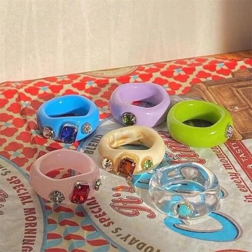 New Transparent Resin Acrylic Rhinestone Colourful Geometric Square Round Rings Set for Women Jewelry Party Gifts