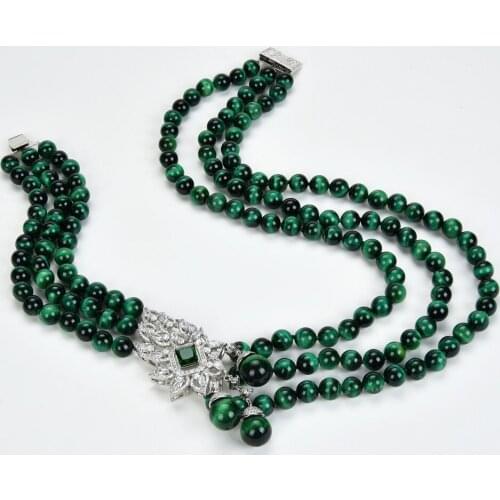 22" 10mm 14mm 3 Strands Round Green Tigers eye Necklace CZ Connector
