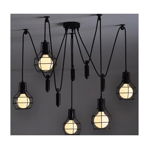 Fashion New Industrial Country Style Iron Frame Pendant Lights Art Spider Suspension Lamp 5 lights pulley function adjustment