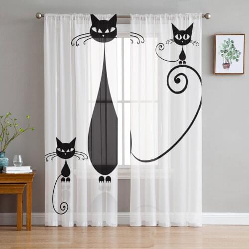 Tulle Curtains for Living Room Cat Black Cute Simple Bedroom Study Window Sheer Curtains Kitchen Balcony Interior Voile Curtains