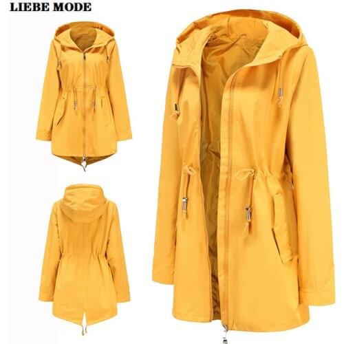 Waterproof Long Trench Coat for Women Black Yellow Hooded Windbreaker Classic Female Slim Waist Outwear Korean Peplum Clothes