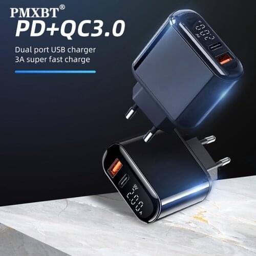 QC3.0 4.0 Phone Charger LED Display Type C USB Charger PD Fast Charging For iPhone Huawei 18W Wall Charger EU Plug Power Adapter