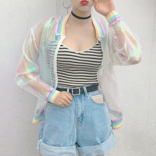 Spring Summer Harajuku Rainbow Transparent Bomber Jacket Women Rainproof Kawaii Sweet Long Sleeve Basic Coat Jacket Windbreaker