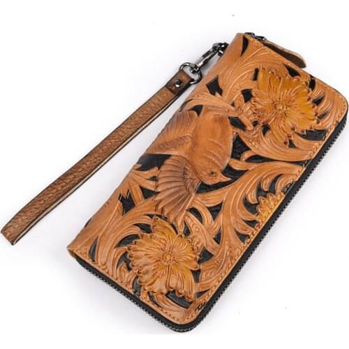 Bird Painting Women Wallets Long Genuine Leather Purse Female Cowhide Leather Clutch Bag Purse Zipper Phone Bag Card Holder Case