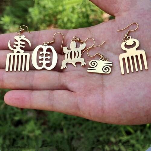 10pairs/lot African Symbol Drop Earrings Stainless Steel Jewelry Ethnic Women Adinkra Gye Nyame Earrings Gold Silver Color