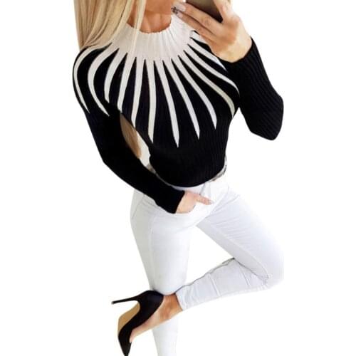 Plus size Sweater apparel Women Fashion Color Block Long Sleeve Mock Neck Slim Knitted Pullover Sweater